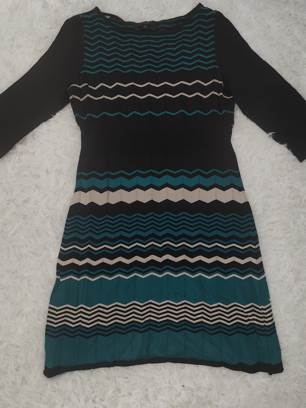 Nine West Black, Teal & Cream Zigzag Knit Long Sleeve Dress